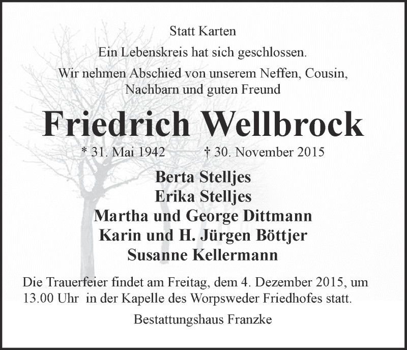 Traueranzeige von Friedrich Wellbrock von WESER-KURIER