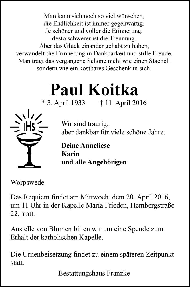 Traueranzeige von Paul Koitka von Wuemme Zeitung