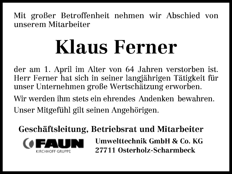 Traueranzeige von Klaus Ferner von Osterholzer Kreisblatt