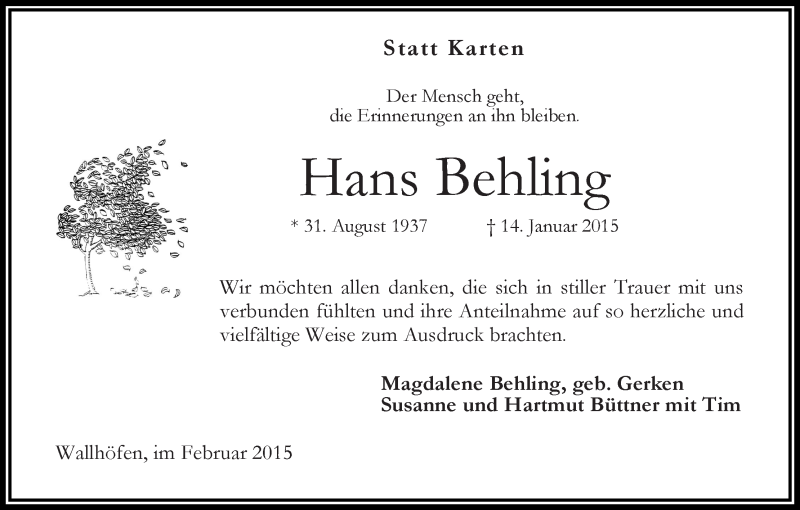 Traueranzeige für Hans Behling vom 11.02.2015 aus Osterholzer Kreisblatt
