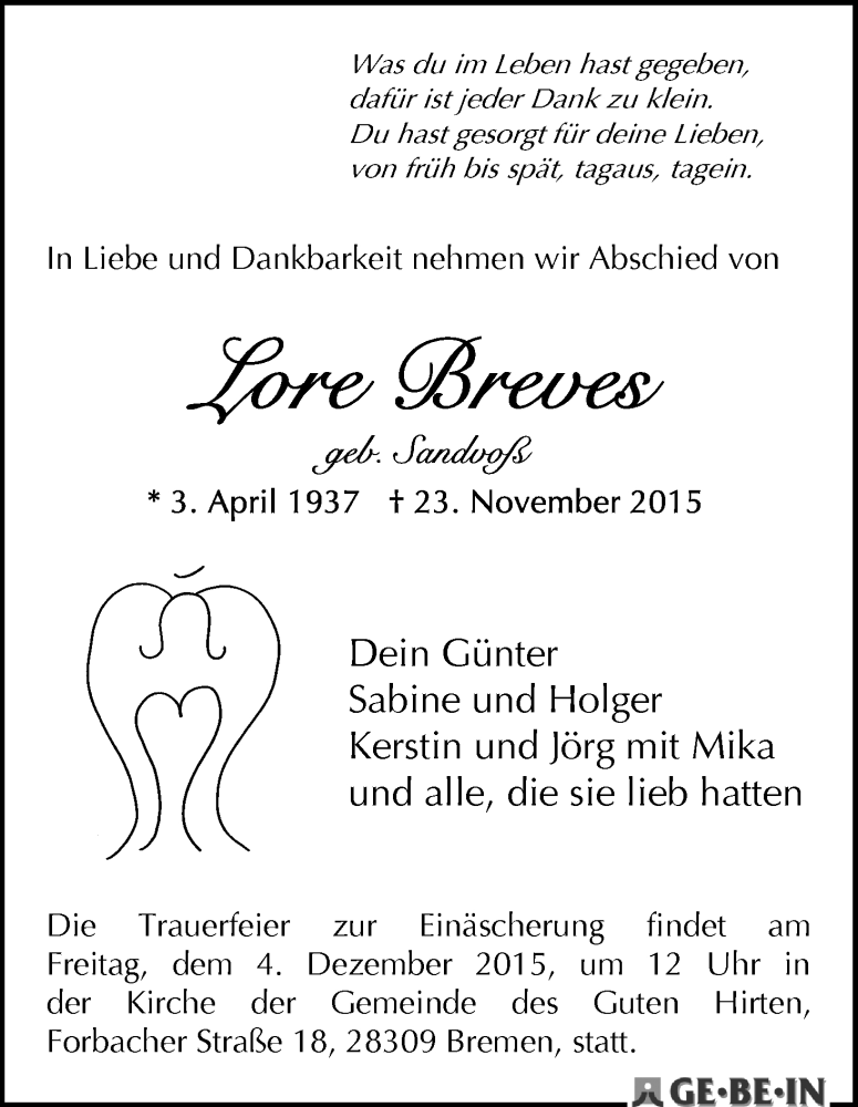 Traueranzeige von Lore Breves von WESER-KURIER