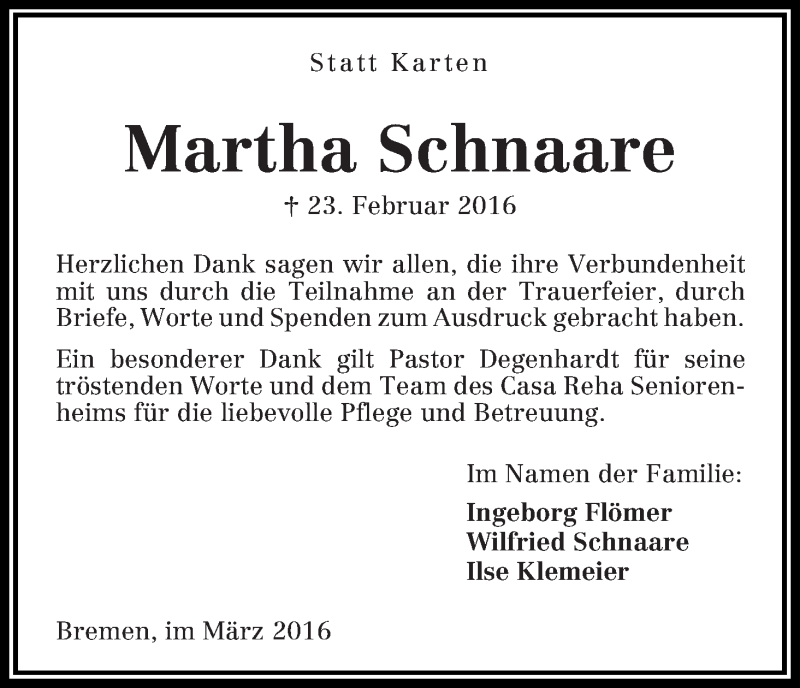 Traueranzeige von Martha Schnaare von WESER-KURIER
