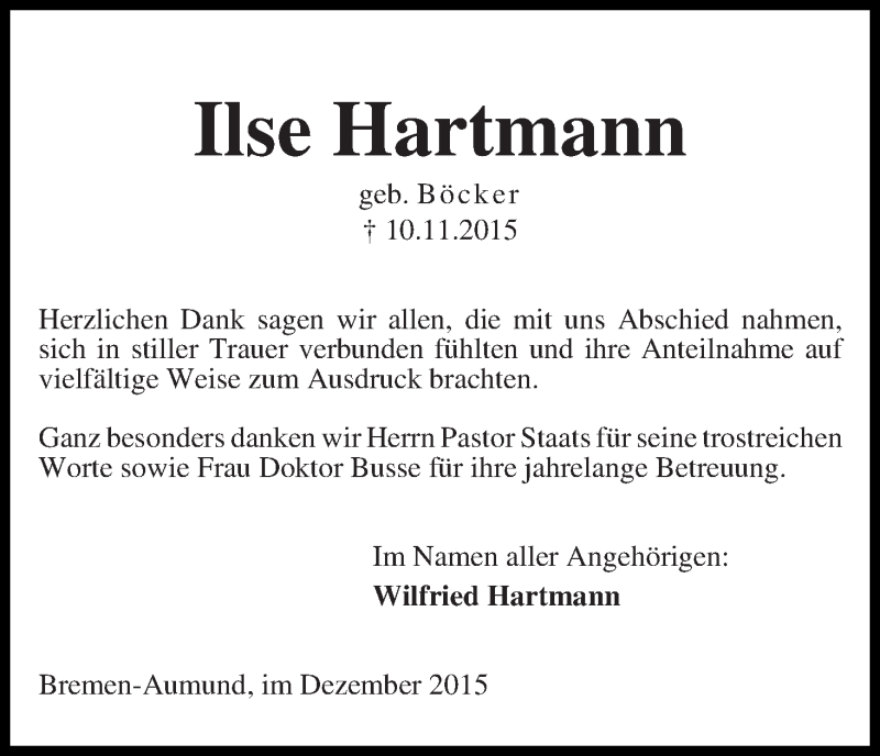 Traueranzeige von Ilse Hartmann von Die Norddeutsche