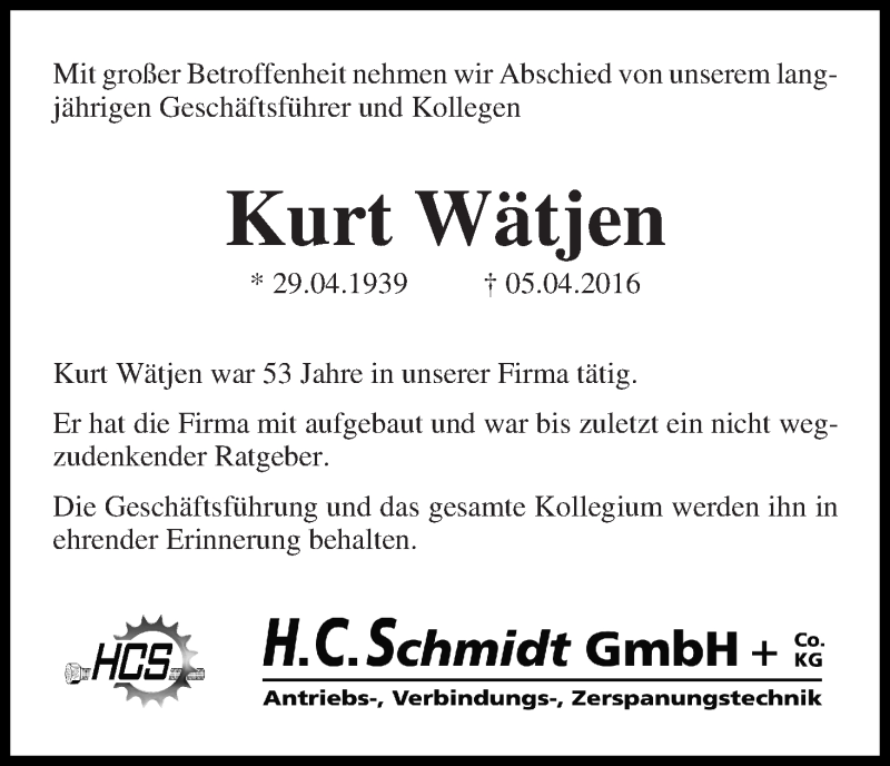 Traueranzeige von Kurt Wätjen von WESER-KURIER