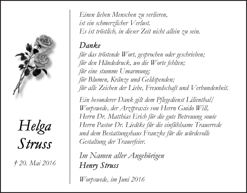 Traueranzeige von Helga Struss von Wuemme Zeitung