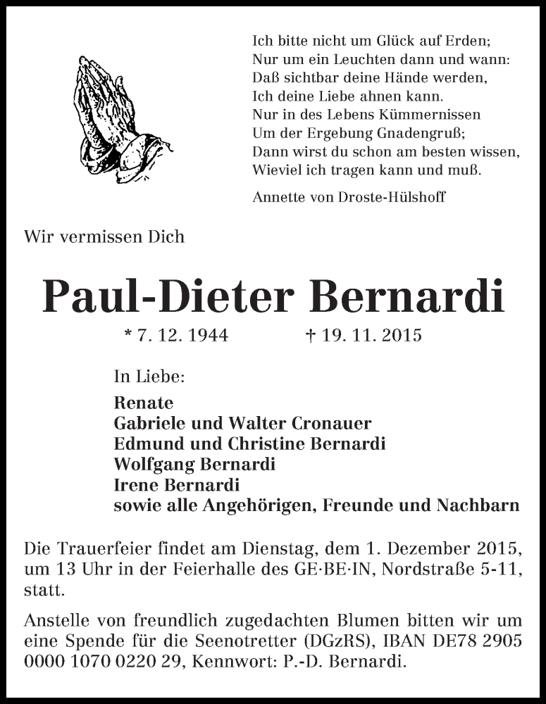 Traueranzeige von Paul-Dieter Bernardi von WESER-KURIER