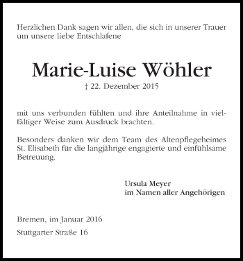 Traueranzeige von Marie-Luise Wöhler