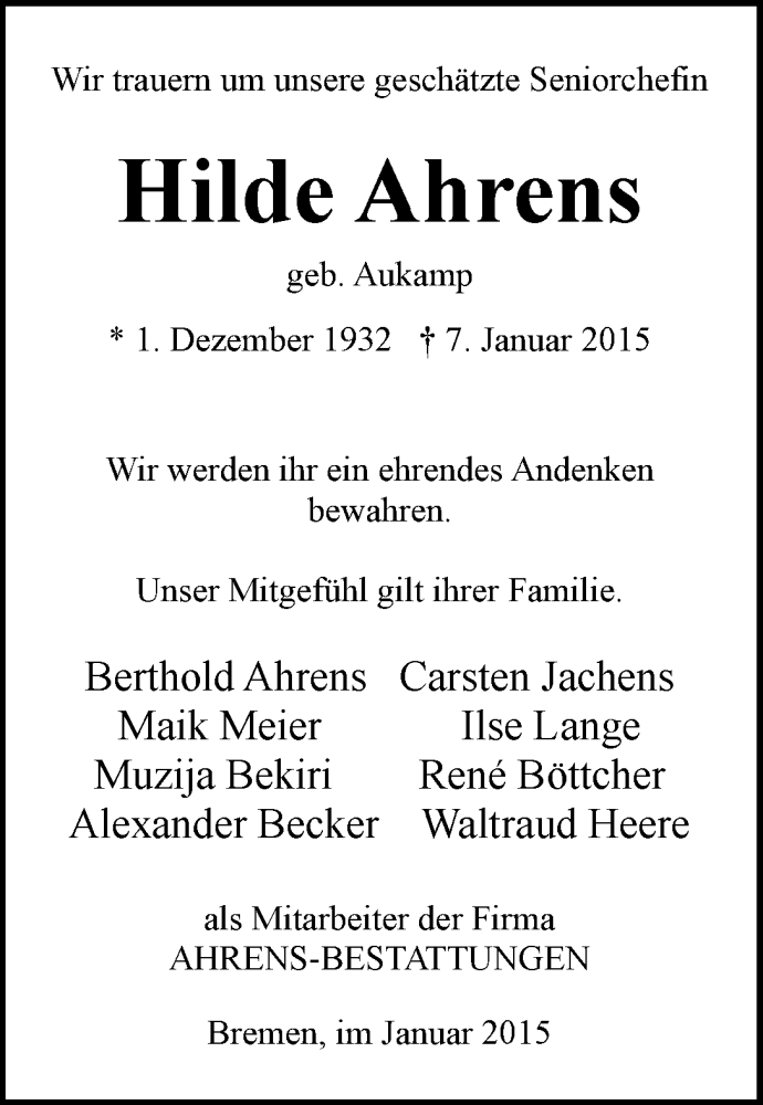 Traueranzeige von Hilde Ahrens von WESER-KURIER