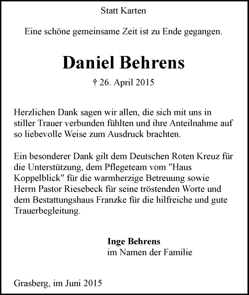 Traueranzeige von Daniel Behrens von Wuemme Zeitung