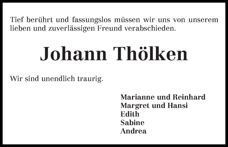 Traueranzeige von Johann Thölken von Wuemme Zeitung