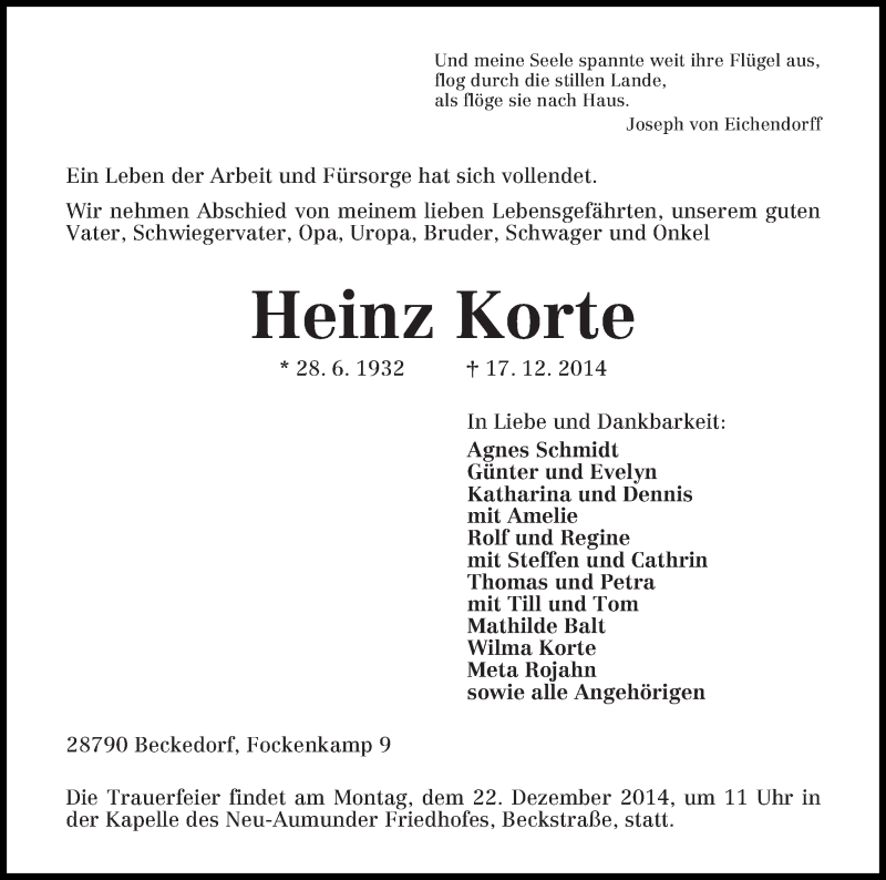 Traueranzeige von Heinz Korte von Die Norddeutsche