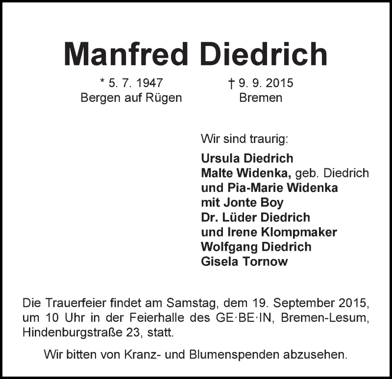 Traueranzeige von Manfred Diedrich von Die Norddeutsche