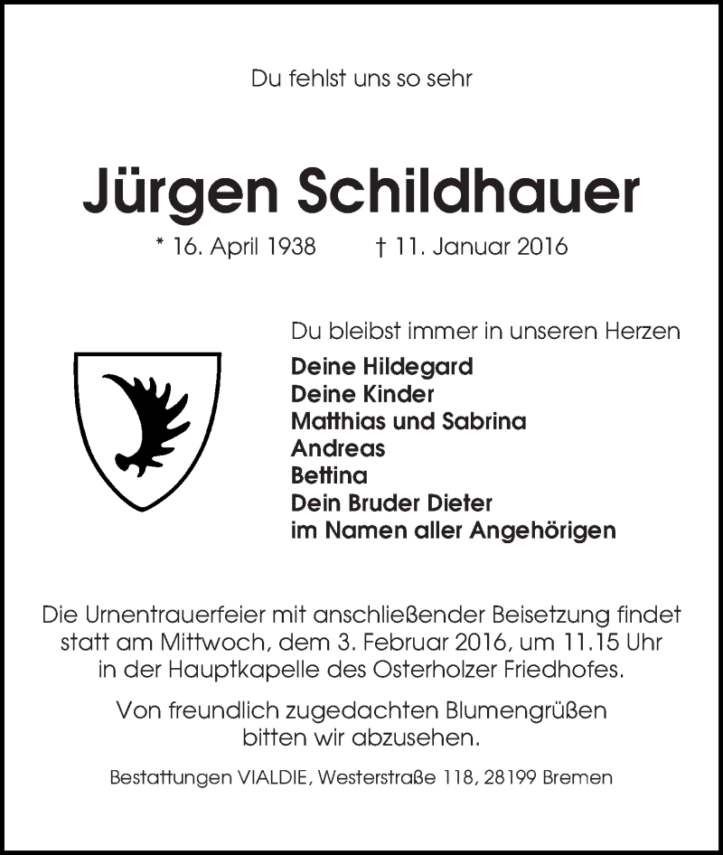  Traueranzeige für Jürgen Schildhauer vom 16.01.2016 aus WESER-KURIER