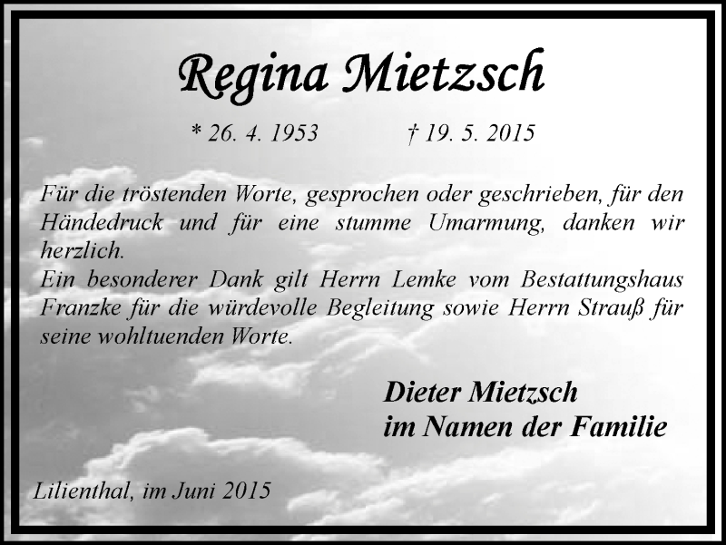 Traueranzeige von Regina Mietzsch von Wuemme Zeitung