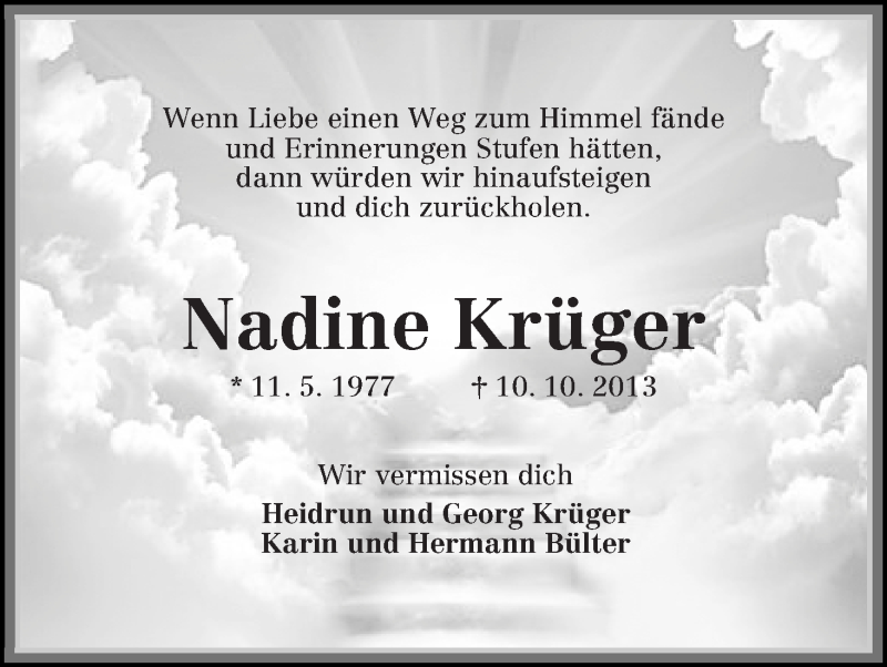 Traueranzeige für Nadine Krüger vom 10.10.2015 aus Die Norddeutsche