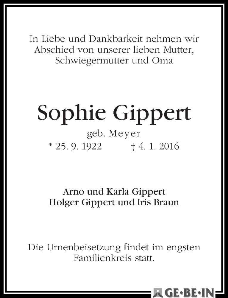 Traueranzeige von Sophie Gippert von WESER-KURIER