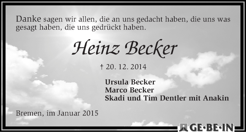 Traueranzeige von Heinz Becker von WESER-KURIER