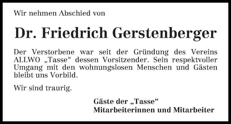 Traueranzeige von Friedrich Gerstenberger von WESER-KURIER
