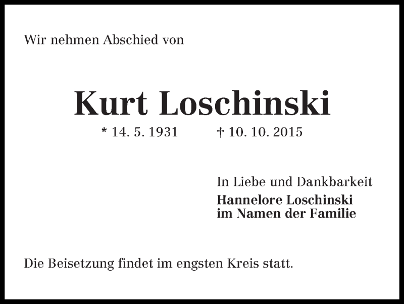 Traueranzeige von Kurt Loschinski von WESER-KURIER