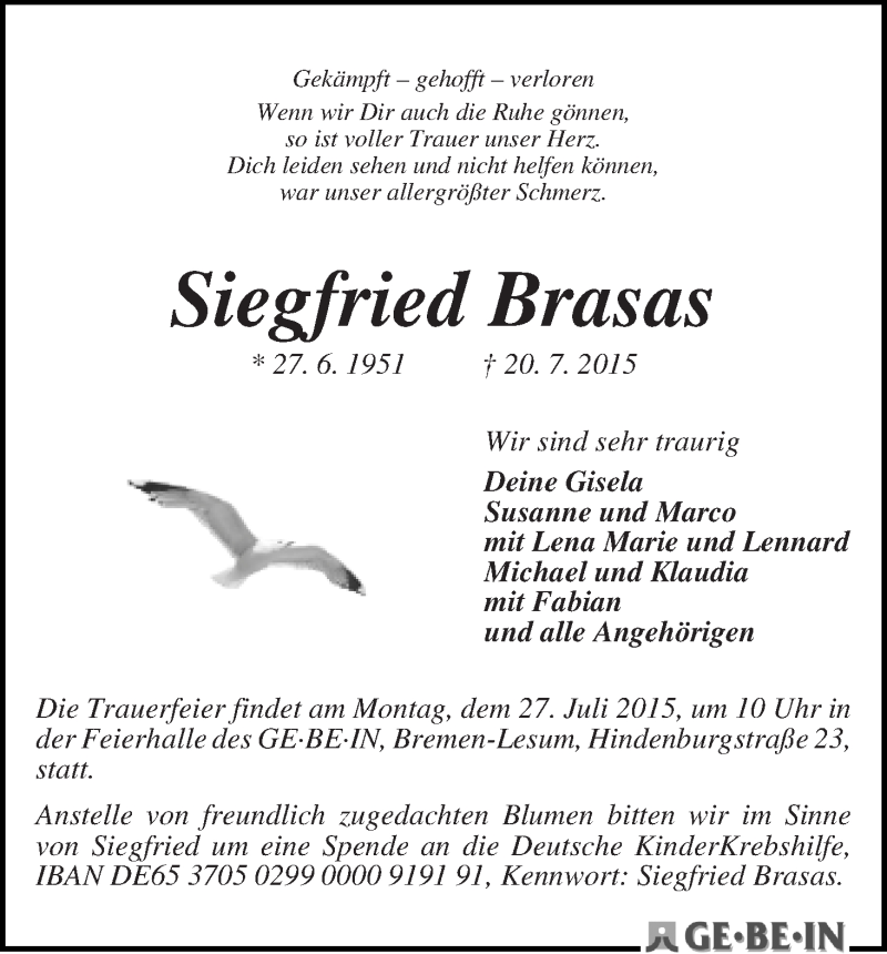 Traueranzeige von Siegfried Brasas von WESER-KURIER