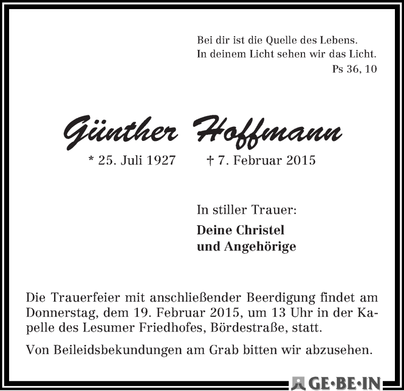 Traueranzeige von Günther Hoffmann von WESER-KURIER