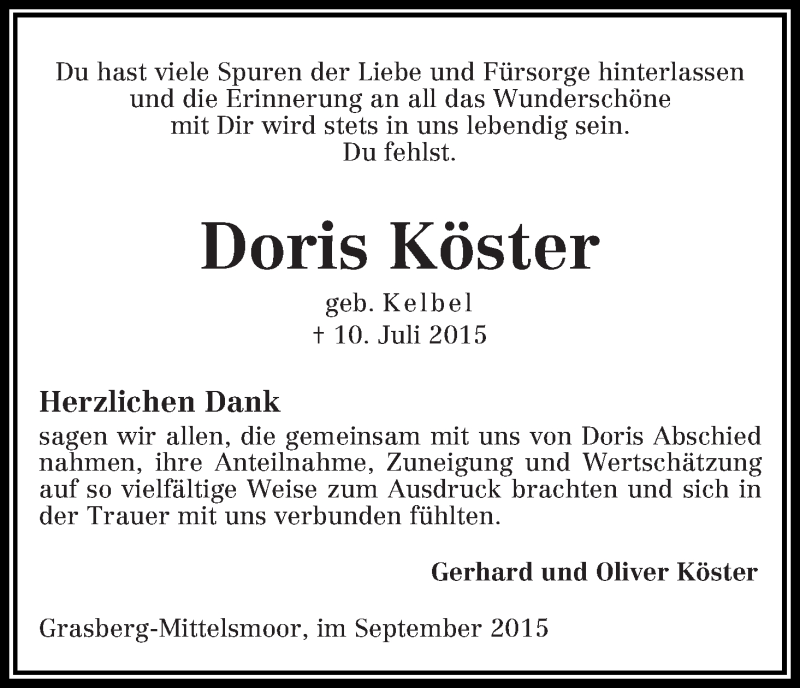  Traueranzeige für Doris Köster vom 02.09.2015 aus Wuemme Zeitung
