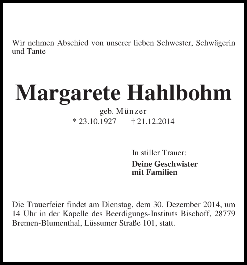 Traueranzeige von Margarete Hahlbohm von Die Norddeutsche