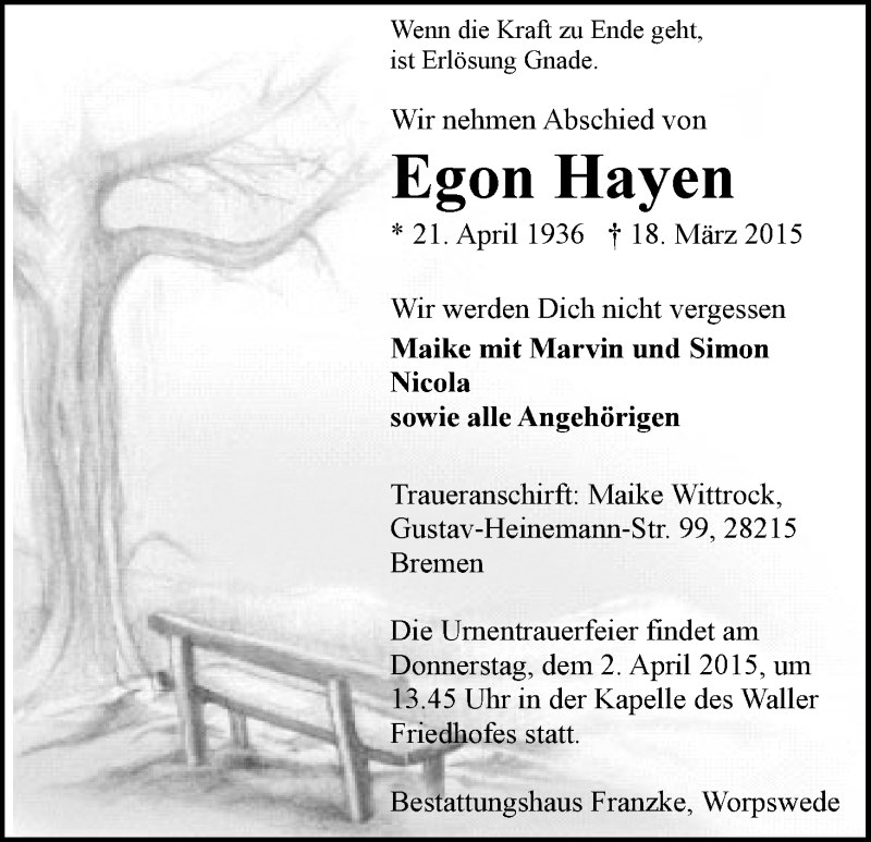 Traueranzeige von Egon Hayen von WESER-KURIER