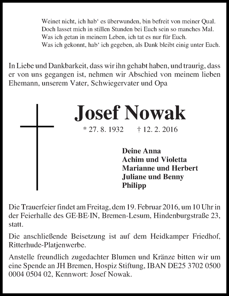 Traueranzeige von Josef Nowak von Die Norddeutsche