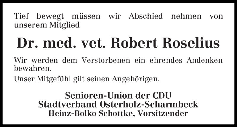  Traueranzeige für Robert Roselius vom 02.12.2014 aus Osterholzer Kreisblatt