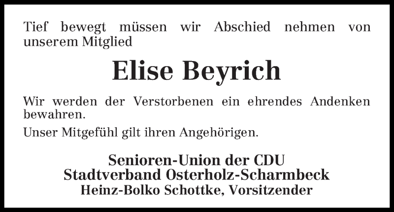 Traueranzeige von Elise Beyrich von Osterholzer Kreisblatt