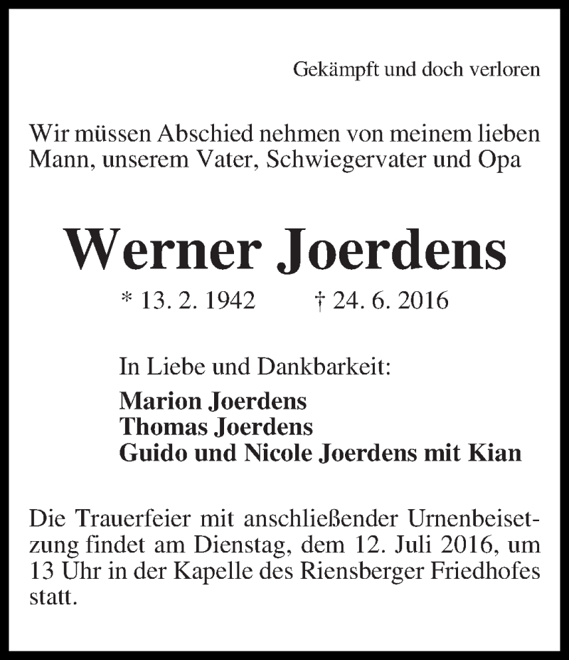 Traueranzeige von Werner Joerdens von WESER-KURIER