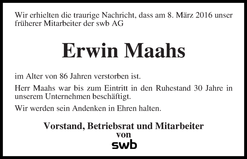 Traueranzeige von Erwin Maahs von WESER-KURIER