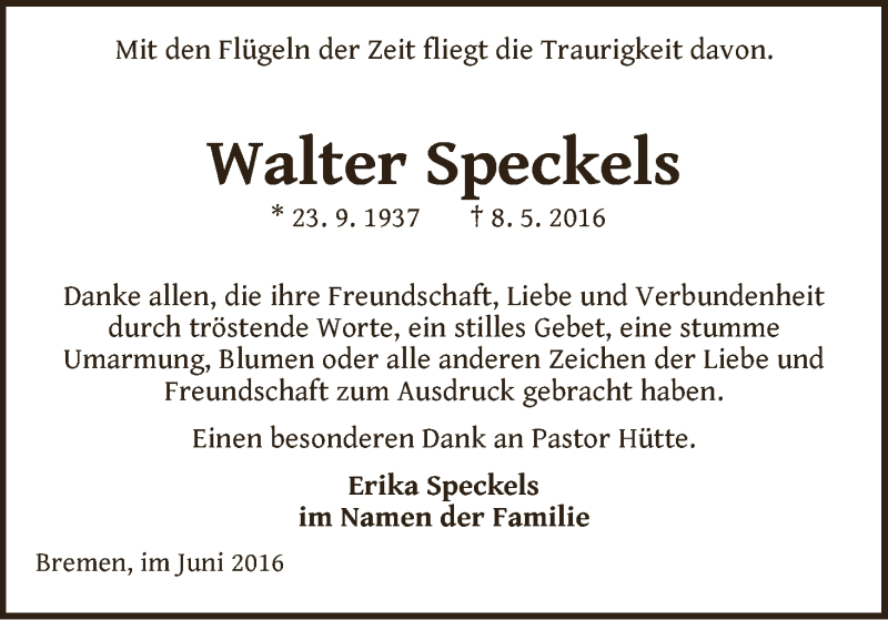 Traueranzeige von Walter Speckels von WESER-KURIER