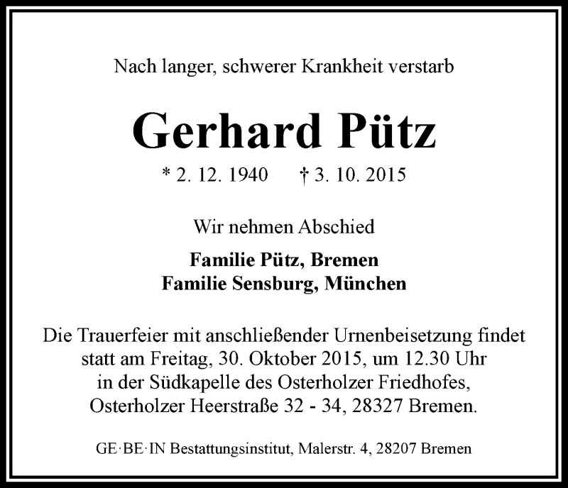 Traueranzeige von Gerhard Pütz von WESER-KURIER