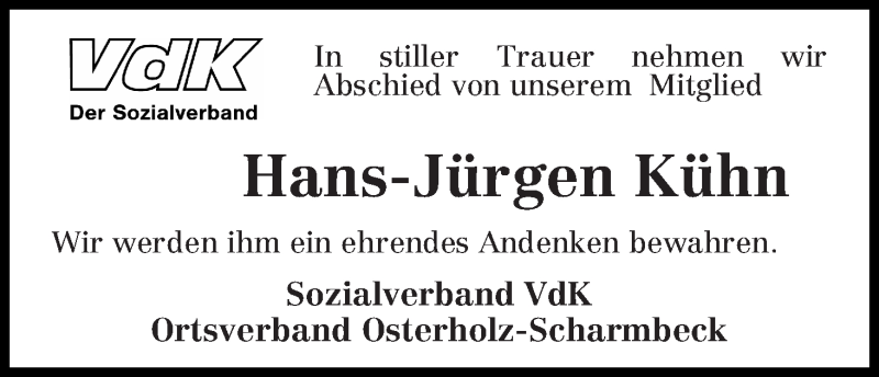 Traueranzeige von Hans-Jürgen Kühn von WESER-KURIER