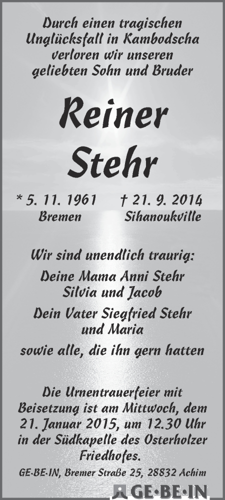 Traueranzeige von Reiner Stehr von WESER-KURIER