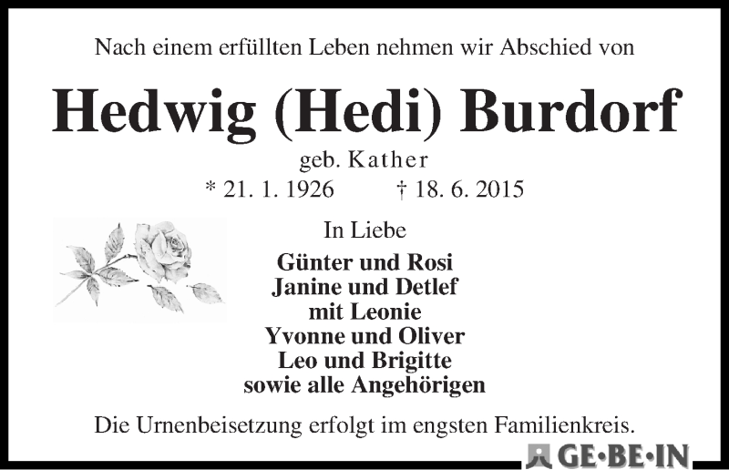 Traueranzeige von Hedwig Burdorf von WESER-KURIER