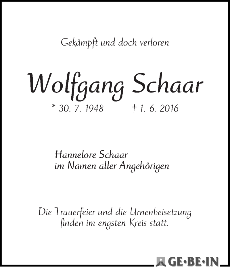 Traueranzeige von Wolfgang Schaar von WESER-KURIER