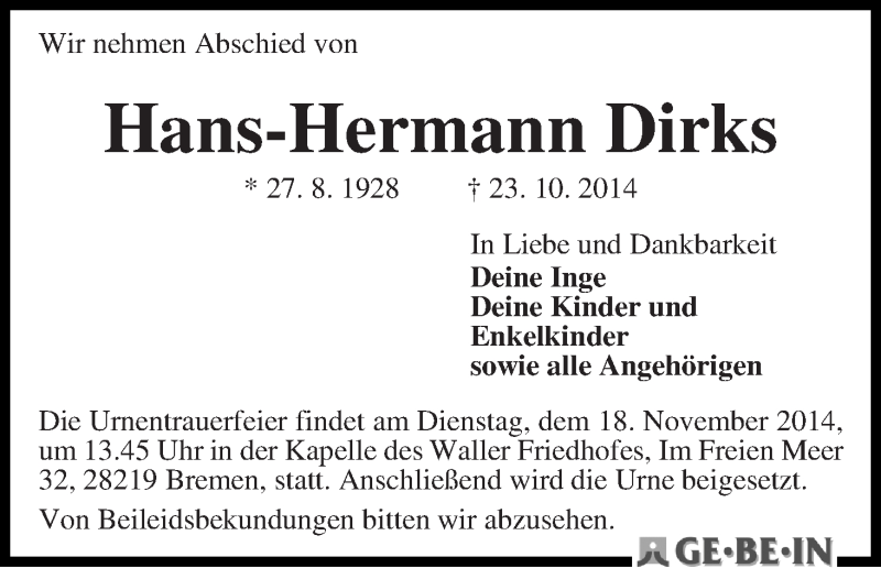 Traueranzeige von Hans-Hermann Dirks von WESER-KURIER
