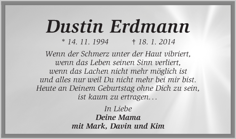 Traueranzeige für Dustin Erdmann vom 14.11.2014 aus WESER-KURIER
