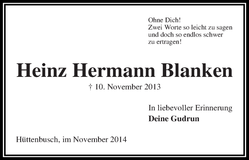 Traueranzeige von Heinz Hermann Blanken von Wuemme Zeitung