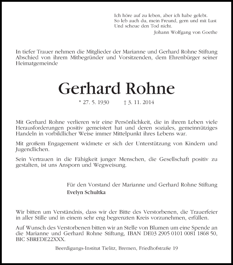 Traueranzeige von Gerhard Rohne von WESER-KURIER