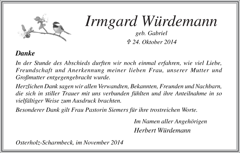 Traueranzeige von Irmgard Würdemann von Osterholzer Kreisblatt