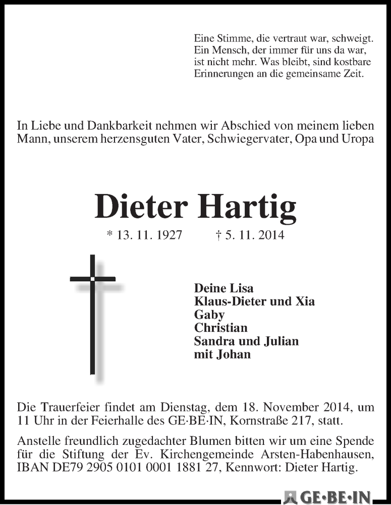 Traueranzeige von Dieter Hartig von WESER-KURIER