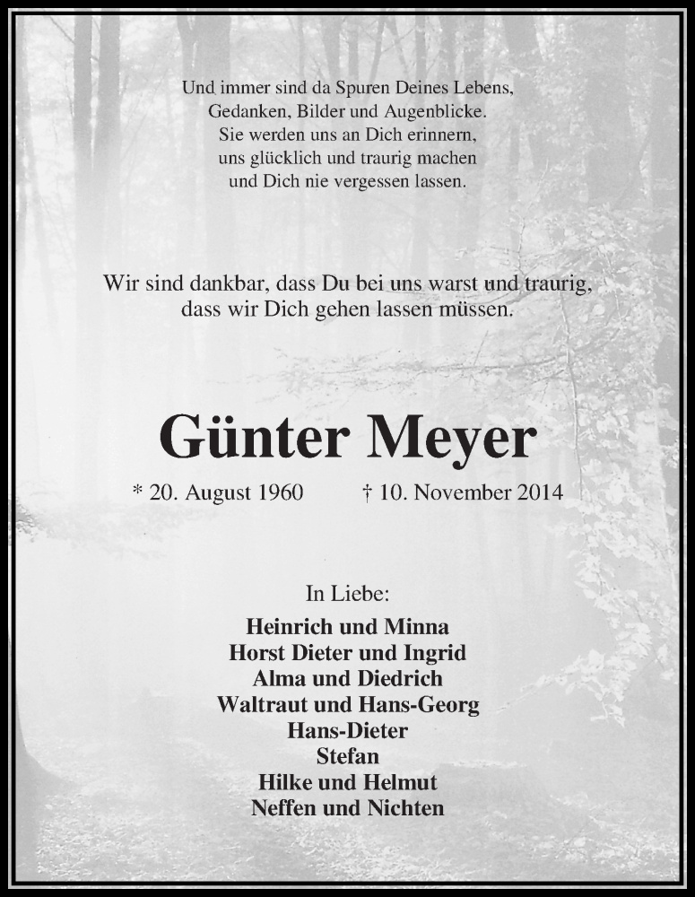 Traueranzeige von Günter Meyer von Wuemme Zeitung