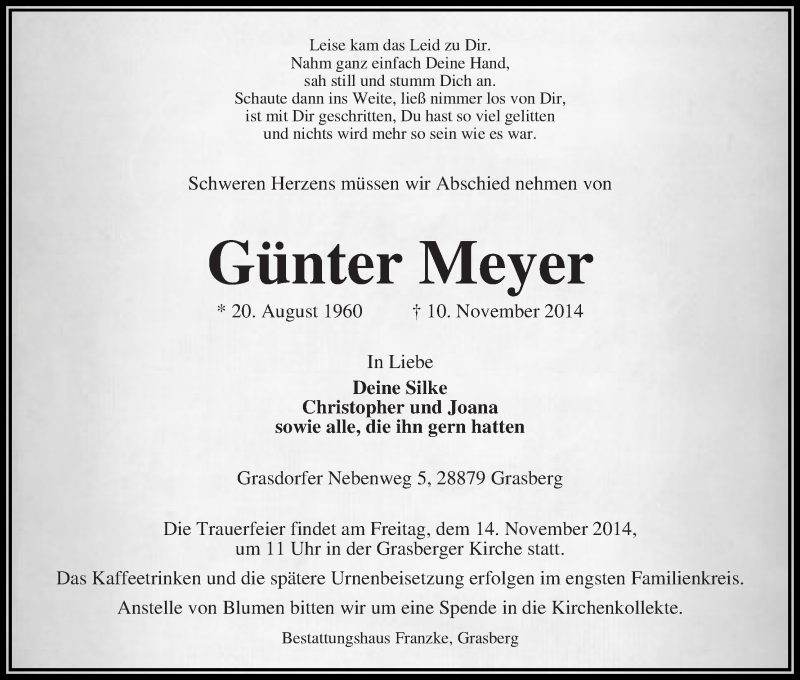 Traueranzeige von Günter Meyer von Wuemme Zeitung