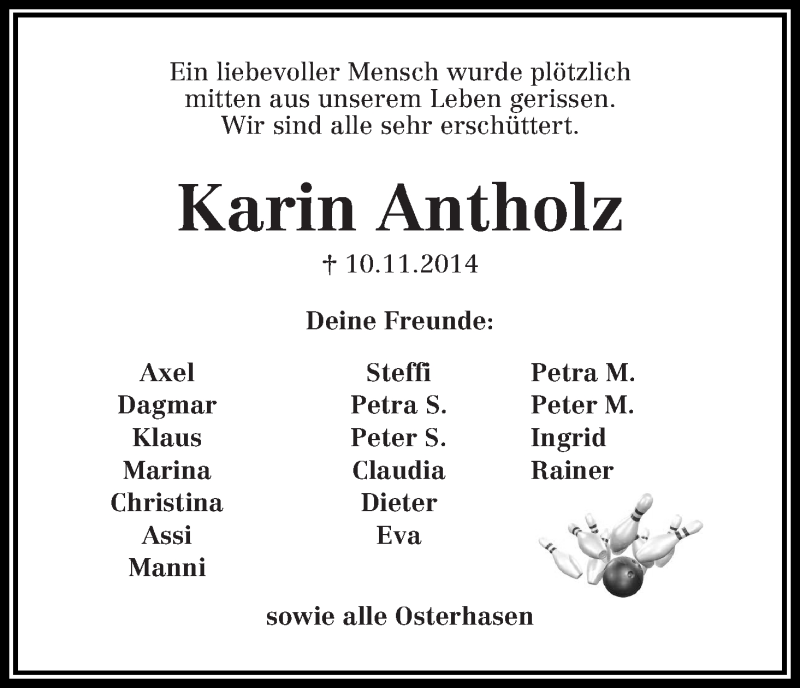 Traueranzeige von Karin Antholz von WESER-KURIER