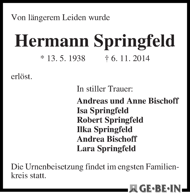 Traueranzeige von Hermann Springfeld von WESER-KURIER