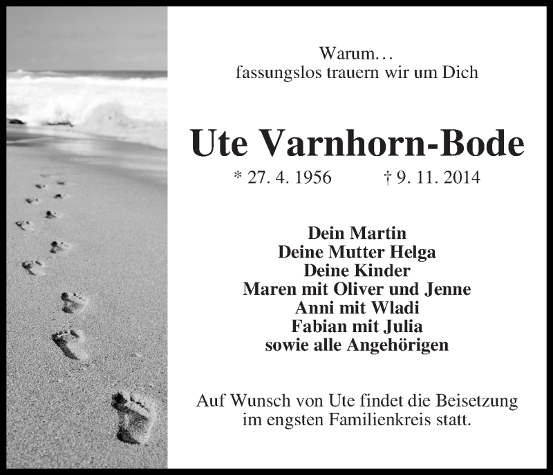 Traueranzeige von Ute Varnhorn-Bode von WESER-KURIER